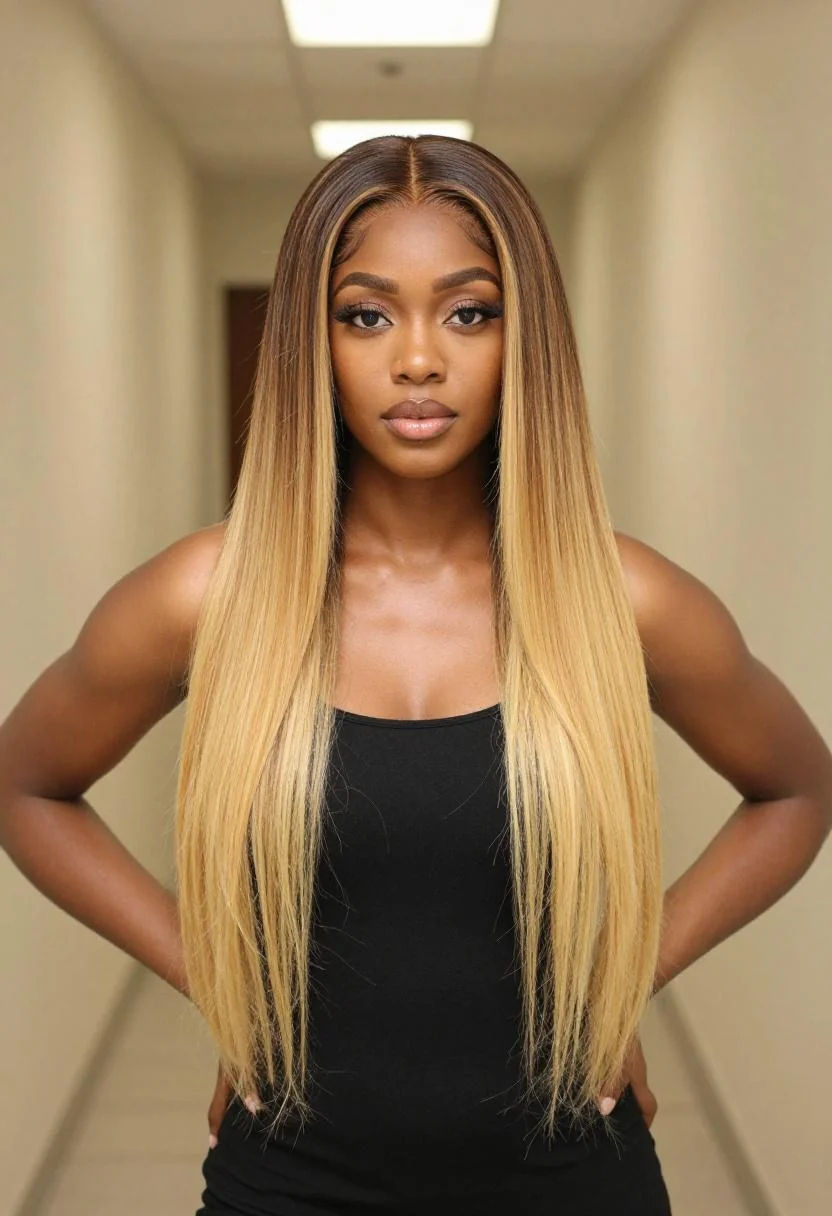 Catfish blonde mirror selfie with dark roots melting into bright golden ends on long sleek layers