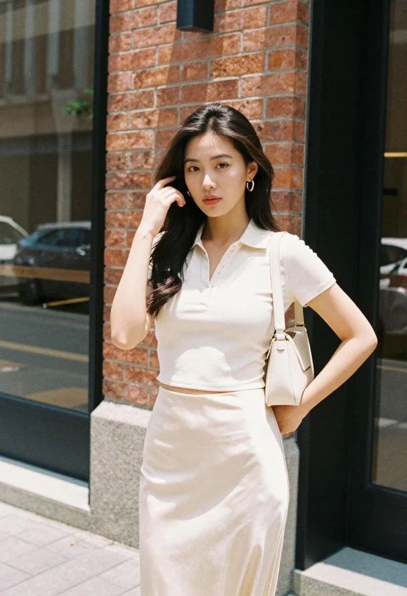 Cream slip skirt and polo monochrome outfit for Athens city streets