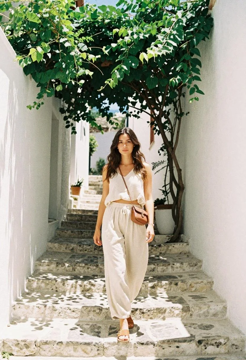 Cream linen wide-leg trousers and breezy blouse in a sun-drenched Mediterranean alley