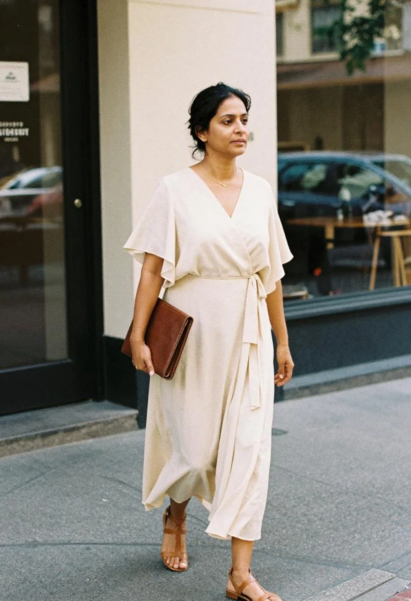 Cream rayon wrap dress for a creative agency meeting in the Crossroads Arts District