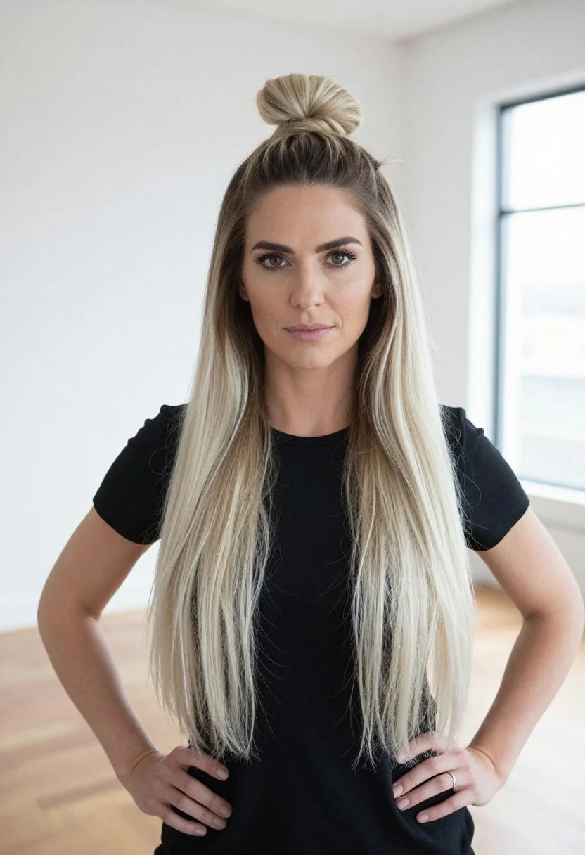 Sophisticated catfish blonde low chignon with dramatic espresso roots and icy platinum lengths