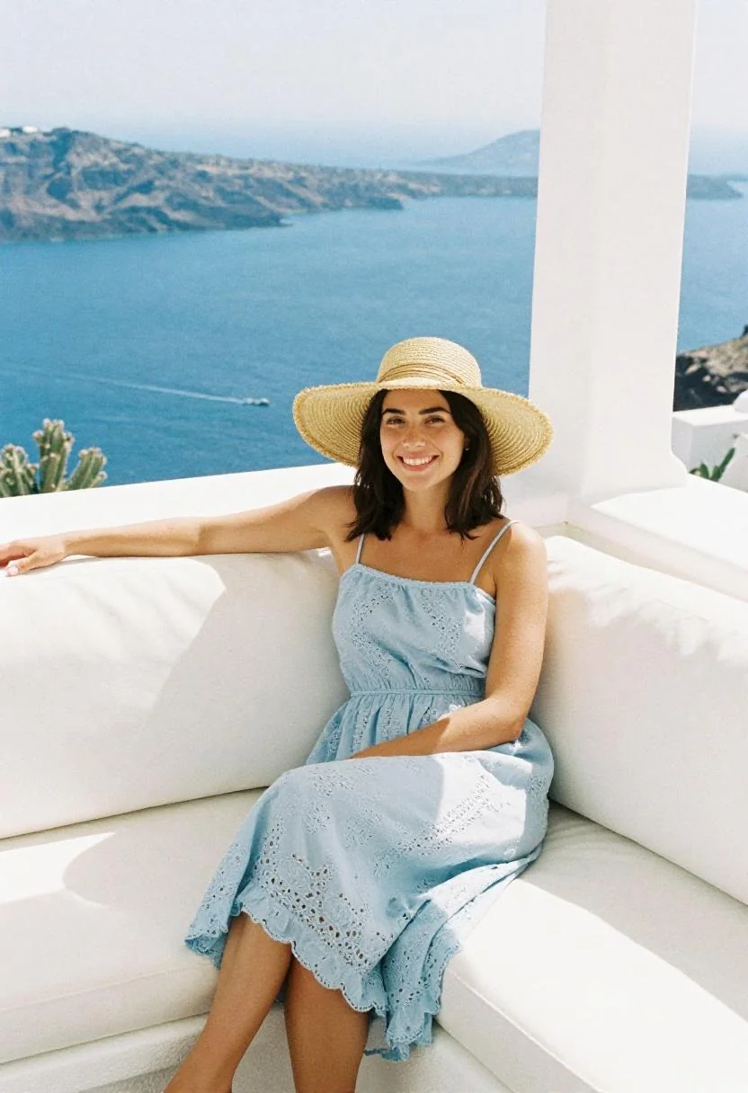 Light blue broderie dress and wide-brim hat on a sun-drenched Mediterranean terrace