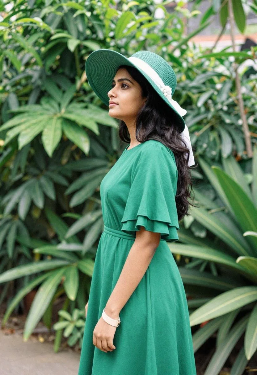 Woman in emerald green A-line dress and floral-trimmed wide-brim hat in a Derby garden party setting