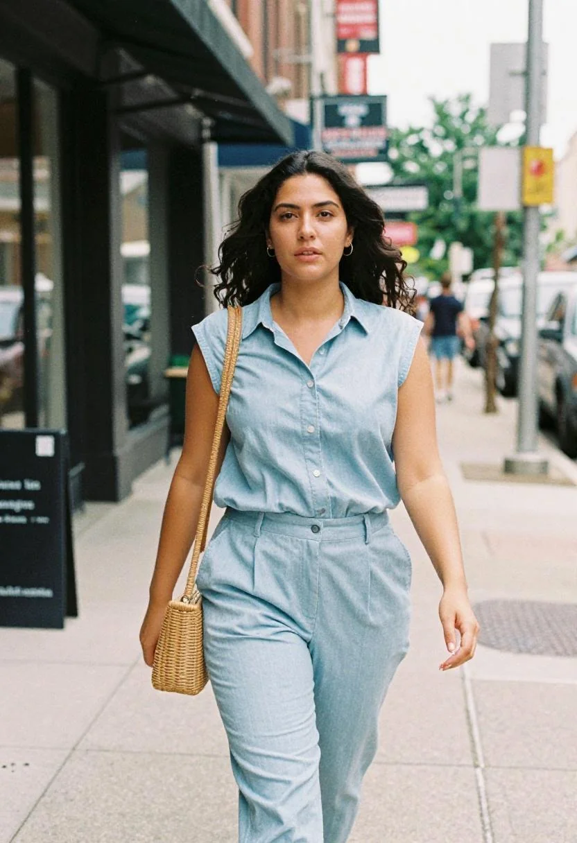 Light blue chambray matching set for a polished office lunch break near Power and Light