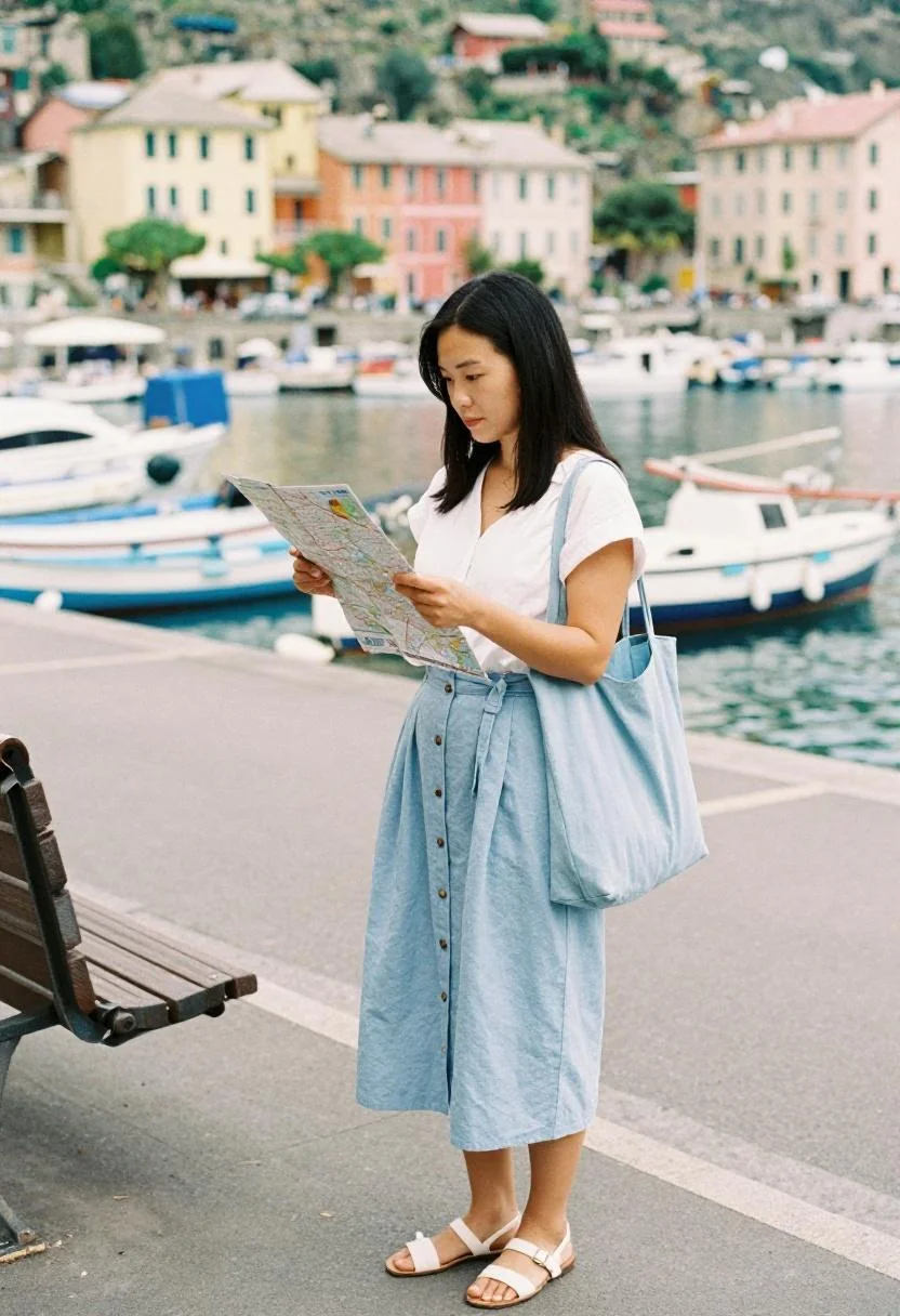 Light blue chambray midi skirt and white blouse for sightseeing around Riomaggiore harbor