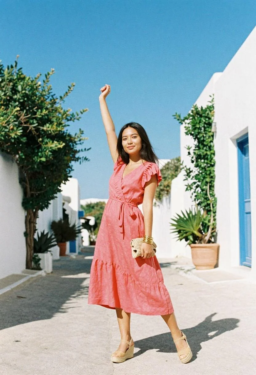 Flowing coral linen wrap dress with espadrille wedges for Athens sun