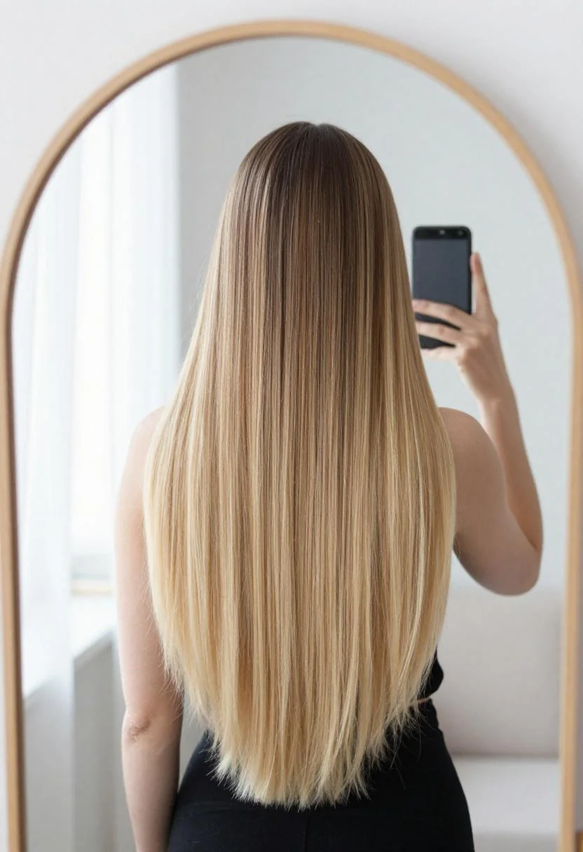Minimalist catfish blonde mirror selfie with dark ash roots flowing into honey blonde lengths
