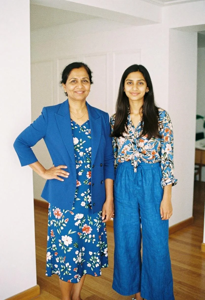 Mom and daughter in electric blue coordinated outfits standing in a classic white-paneled hallway