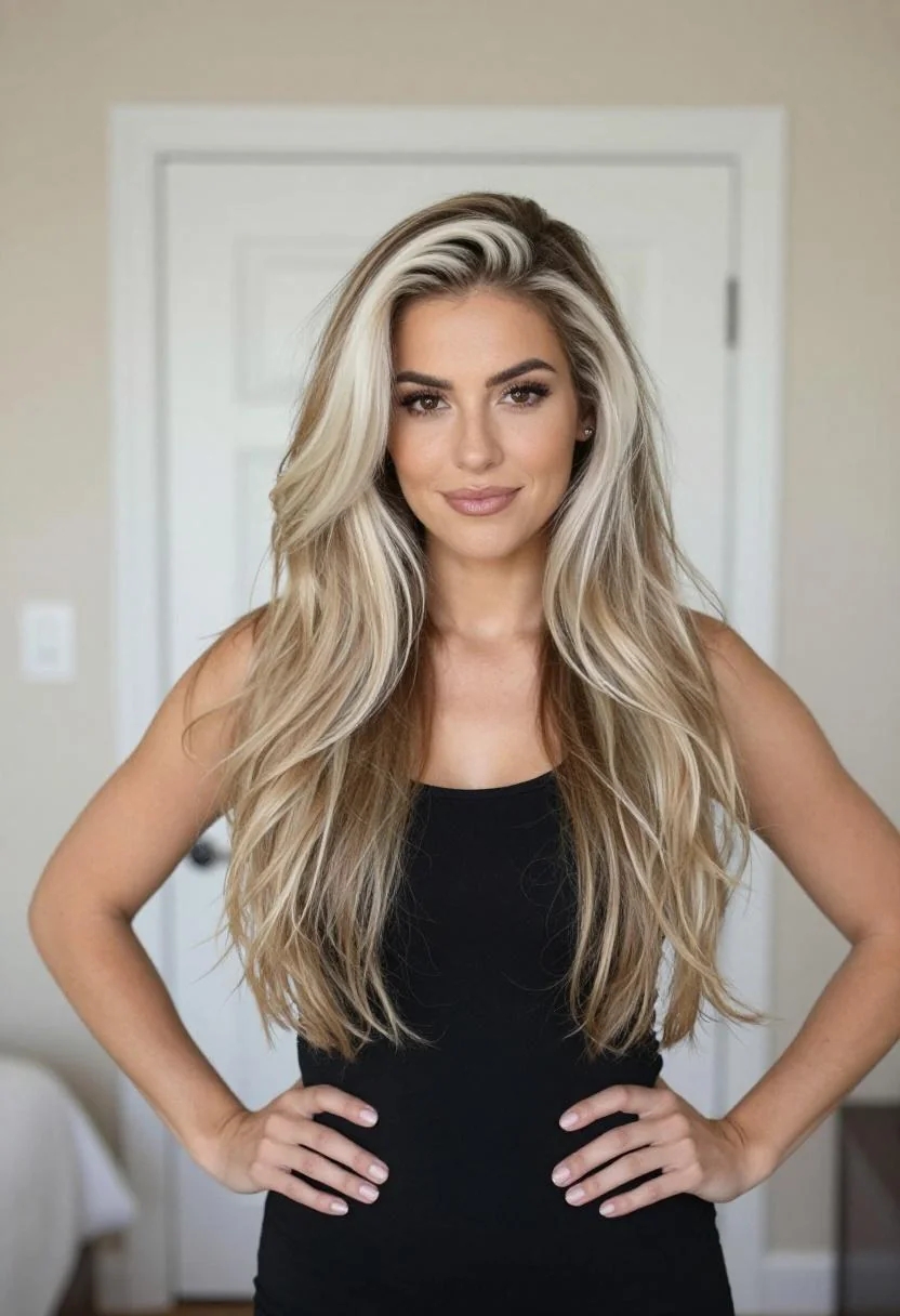 Catfish blonde two-tone waves with platinum face-framing sections on a confident Latina woman in a bright bedroom