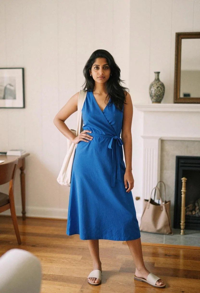 Cobalt blue wrap midi dress with cardigan and flat sandals postpartum going-home look