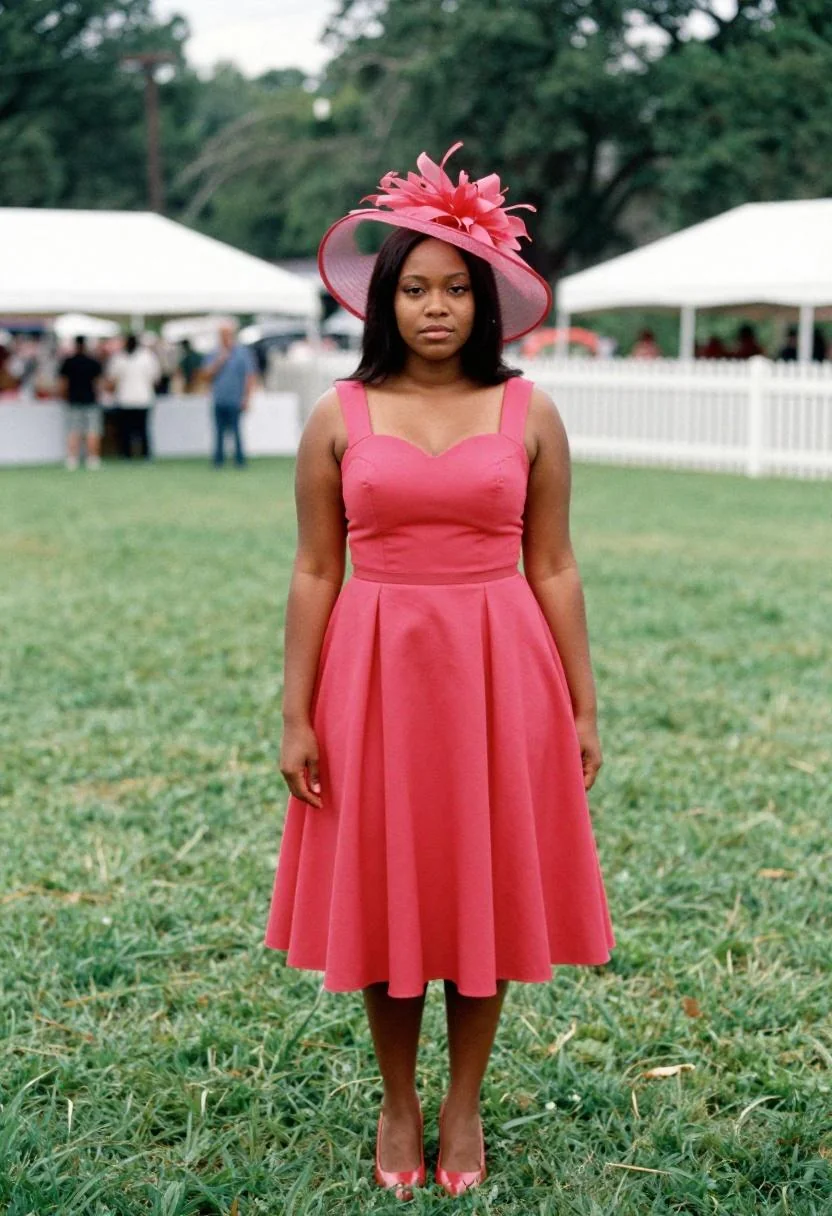 Woman in fuchsia fit-and-flare dress and matching statement hat at the Kentucky Derby infield