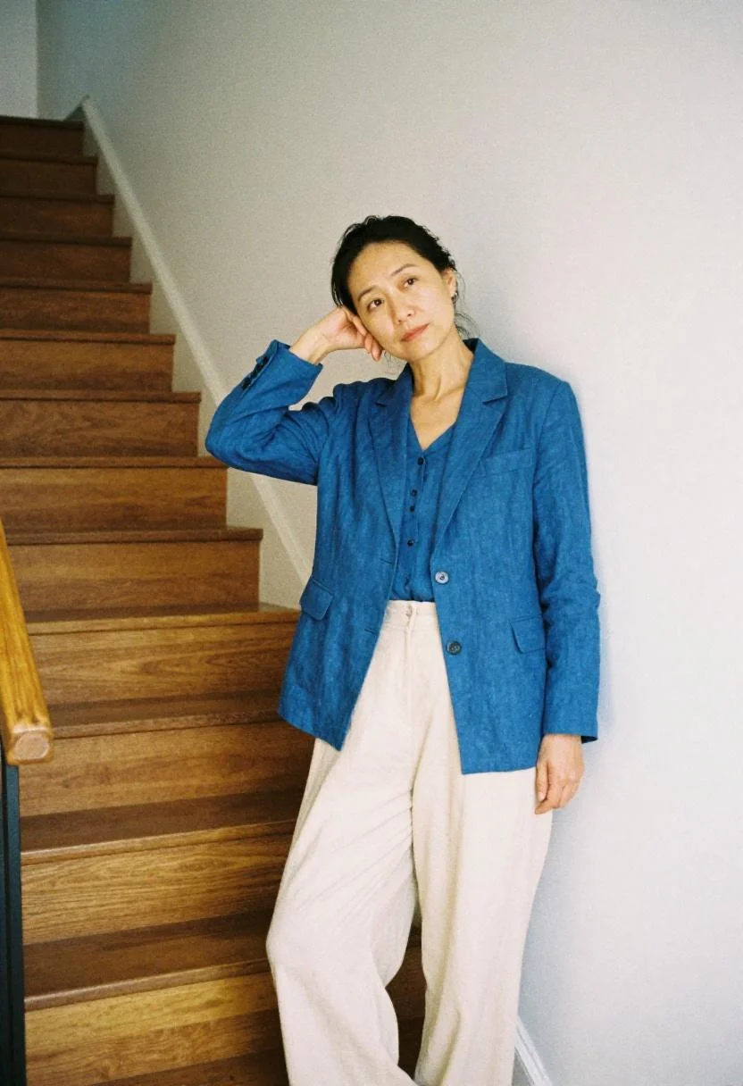 Mom in cobalt linen blazer and wide-leg trousers leaning casually against a staircase wall