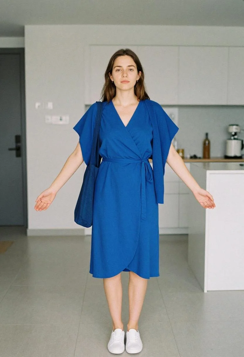Cobalt blue wrap dress with cozy cardigan comfortable going-home outfit