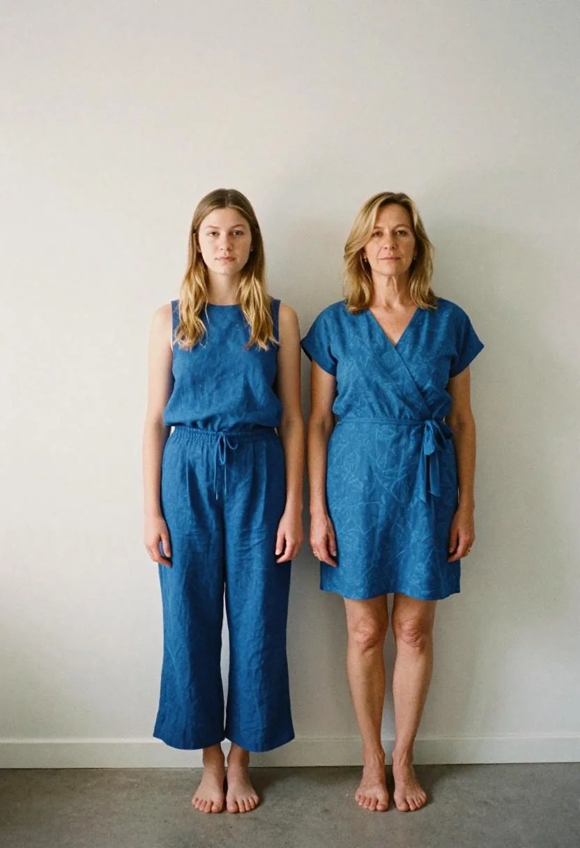 Mom and daughter in tonal cobalt blue — trouser set for daughter and wrap midi dress for mom — in a bright minimalist interior