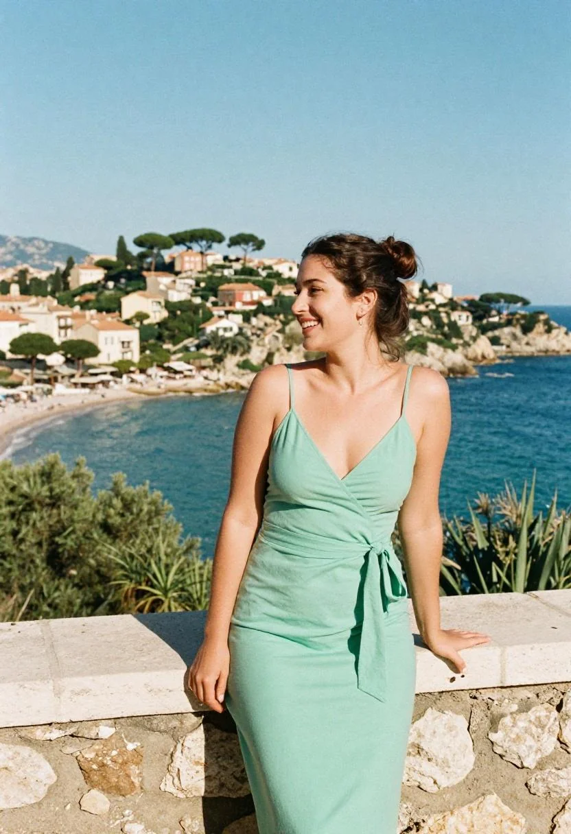Mint wrap midi dress at a cliffside overlook with turquoise coast stretching behind