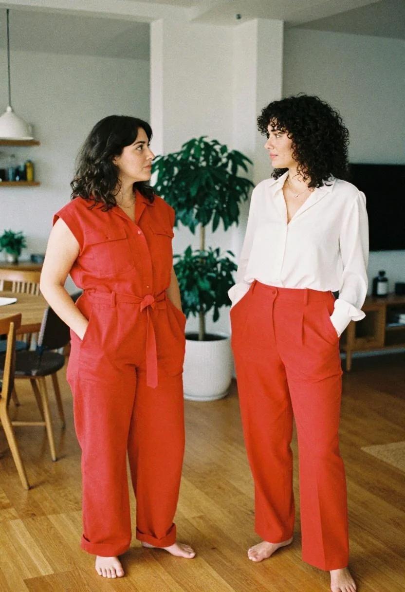 Mom and daughter in cherry red — utility jumpsuit for daughter, tailored trousers for mom — in a modern apartment