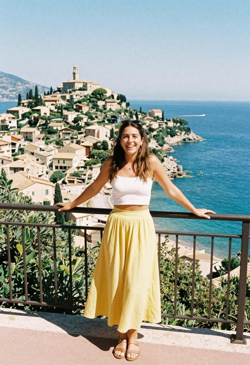 Arms wide open in a soft yellow maxi skirt at a hilltop viewpoint with sea glittering below