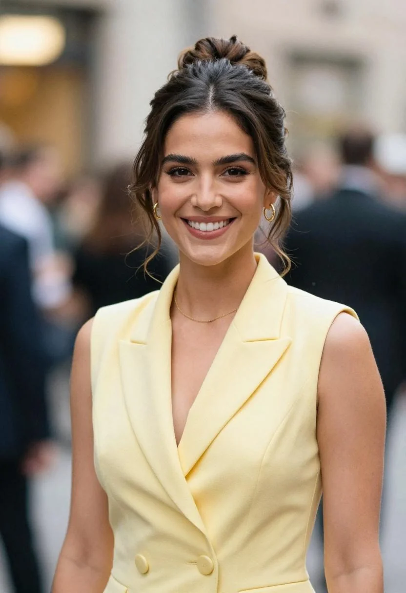 Soft yellow blazer-dress with tailored lapels as a modern confident choice for looking polished on stage