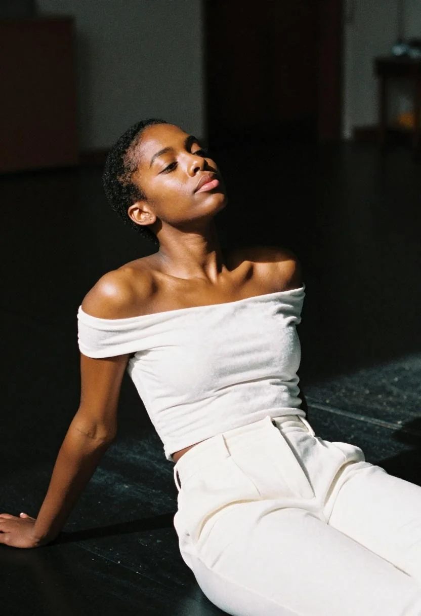 All-white velvet off-the-shoulder top and wide-leg trouser set making a dramatic polished statement on stage