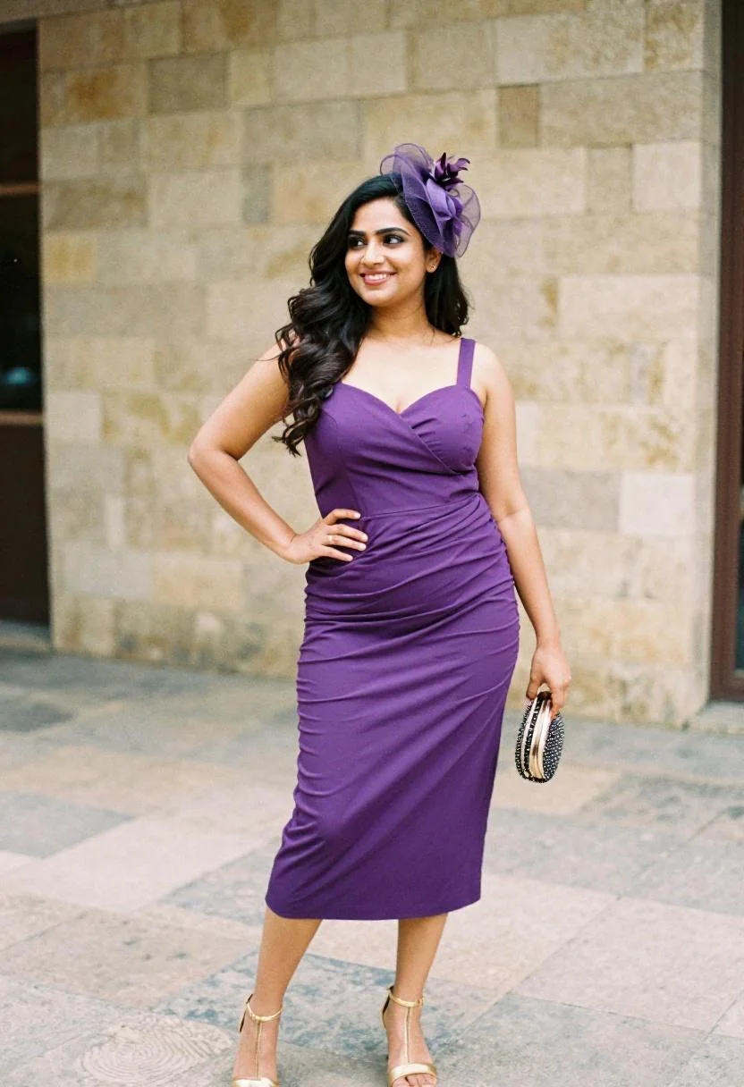 Woman in violet wrap midi dress with sculptural fascinator and gold sandals on an outdoor stone patio at the Kentucky Derby
