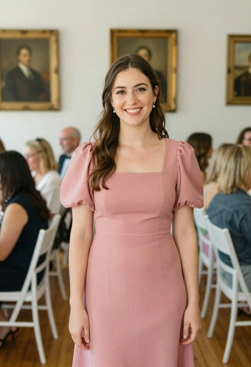 Dusty rose puff-sleeve midi dress for Tokyo restaurant evening