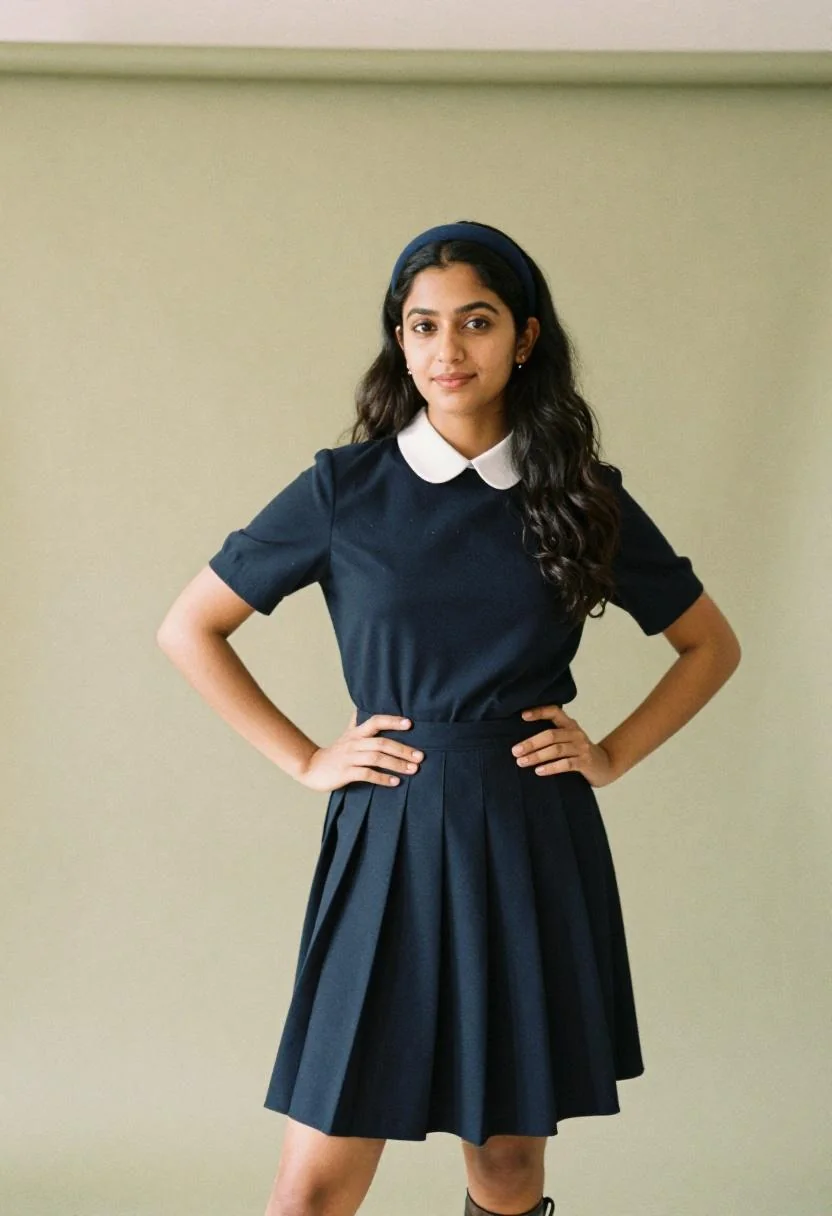 Navy pleated skirt and Peter Pan collar blouse for Tokyo temple visit