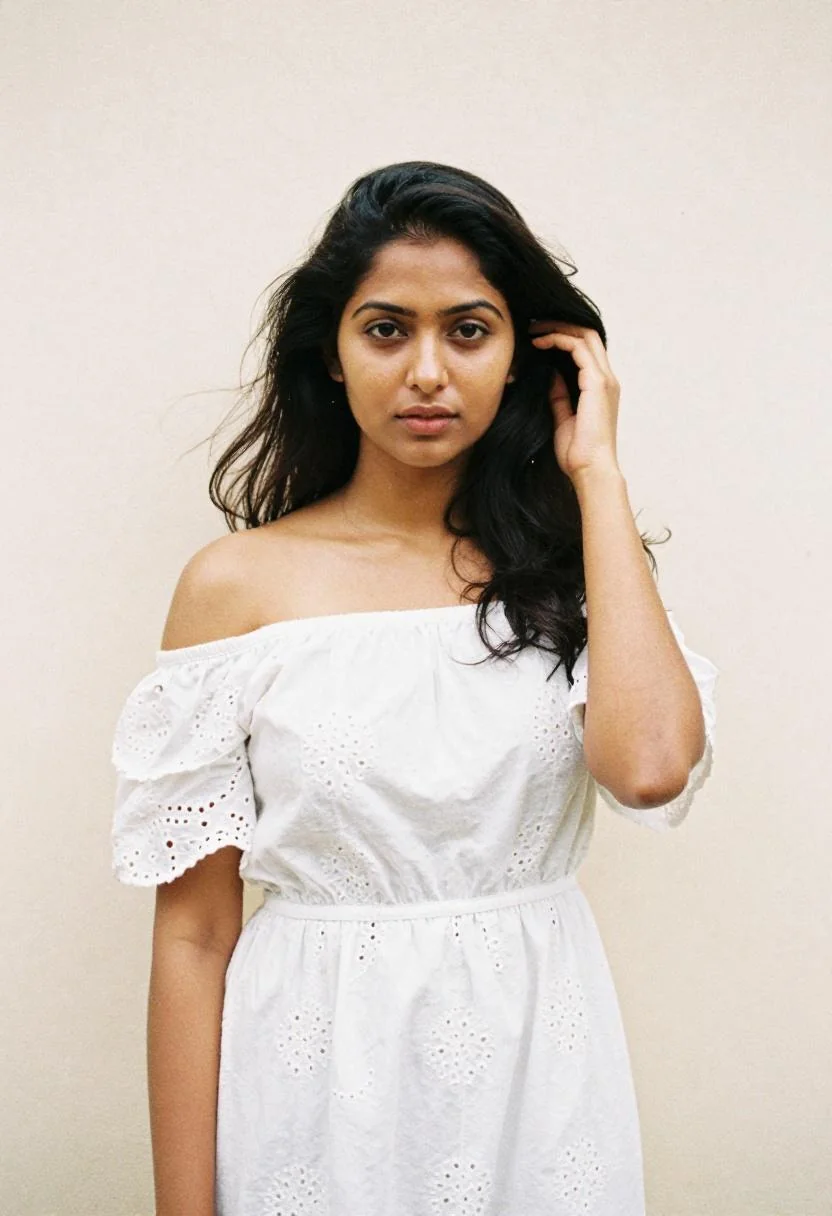 Soft white eyelet off-shoulder dress for romantic Tokyo evening